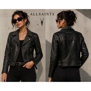 AllSaints Spitalfields Studded Black Leather Biker Jacket Size 6 AS991749
